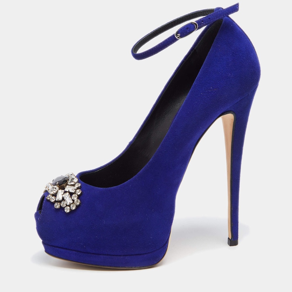 Giuseppe Zanotti Blue Suede Peep Toe Pumps